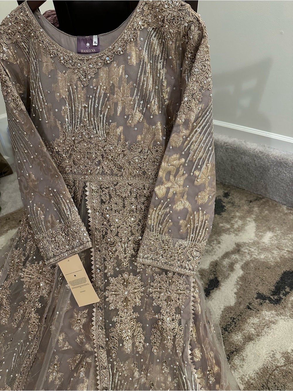 Basheer Embellished Evening Gown in Taupe and Gold - Picture 5 of 7
